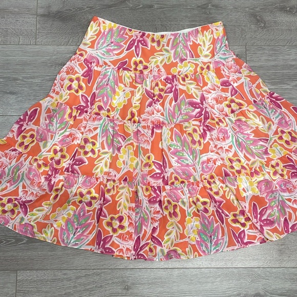NWOT Chaps Coral Pink Yellow Floral Lined Tiered Chiffon Midi Skirt MP - Picture 3 of 14